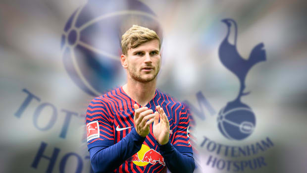 A composite image showing Timo Werner dressed in an RB Leipzig jersey in front of a giant Tottenham Hotspur logo
